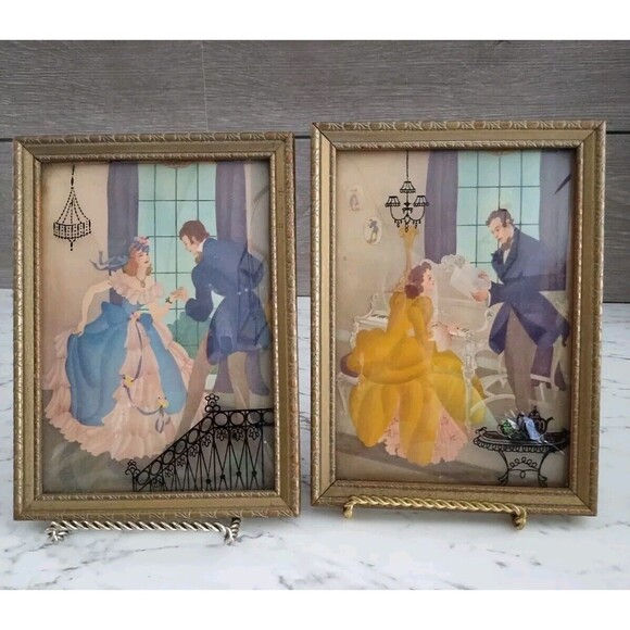 Vintage 1940's Victorian Couple Silhouette Framed Pair Reverse Paint On Glass - Picture 1 of 7